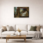 Unframed poster print of Sir Lawrence Alma-Tadema's The Meeting of Antony and Cleopatra displayed on a wall in a living room