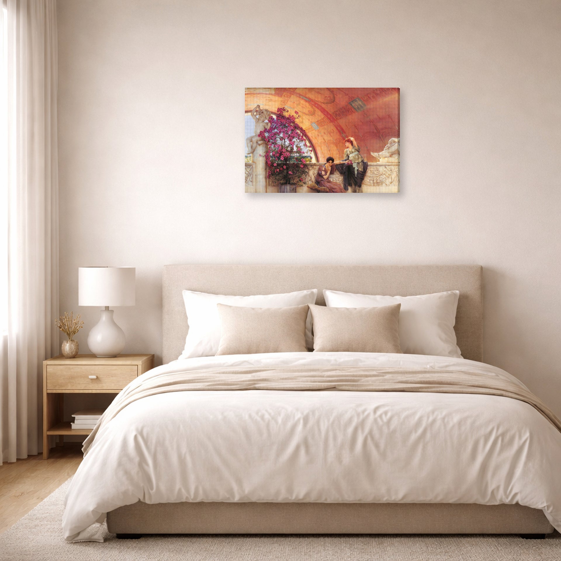 Gallery-wrapped canvas print of Sir Lawrence Alma-Tadema's Unconscious Rivals displayed on a wall in a bedroom