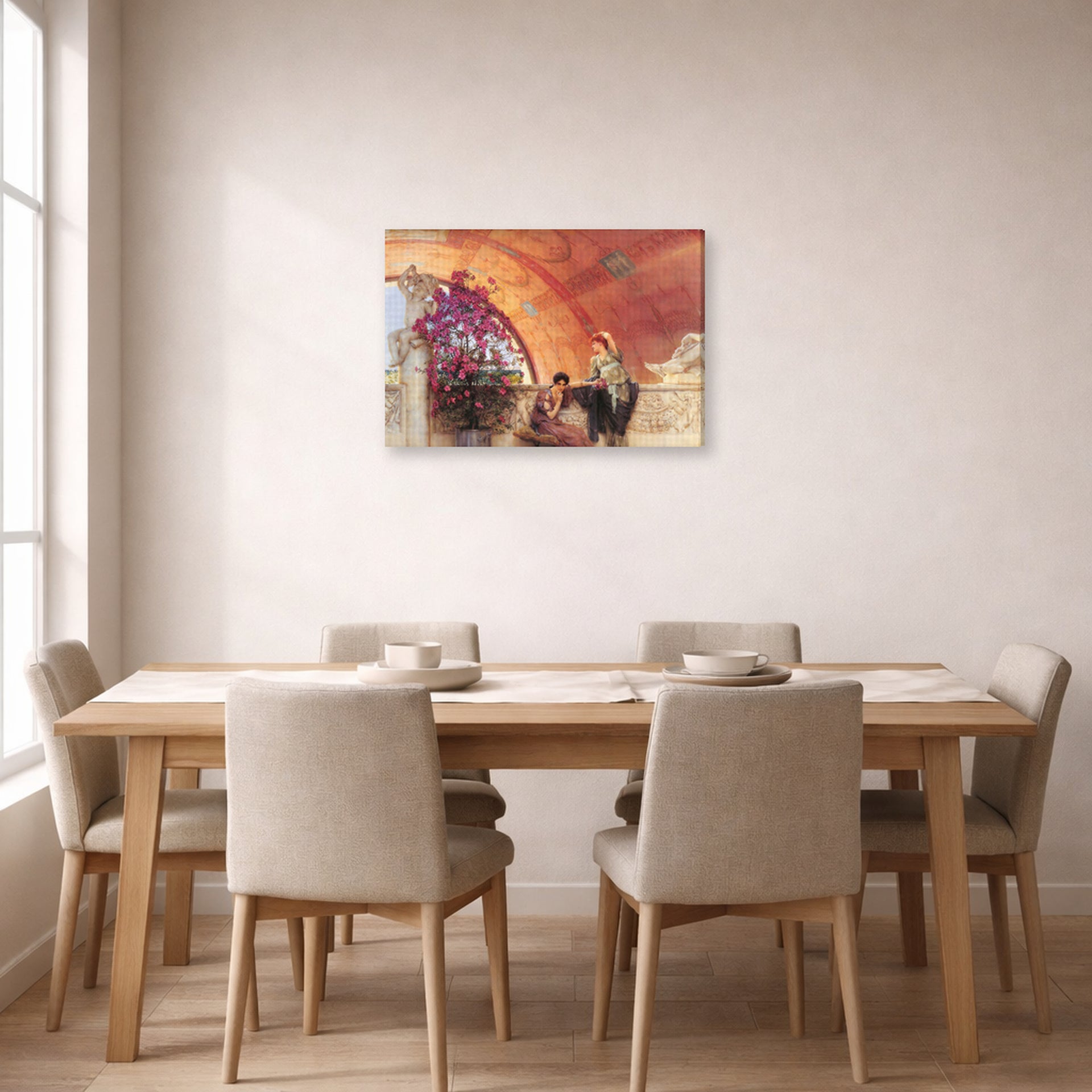 Gallery-wrapped canvas print of Sir Lawrence Alma-Tadema's Unconscious Rivals displayed on a wall in a dining