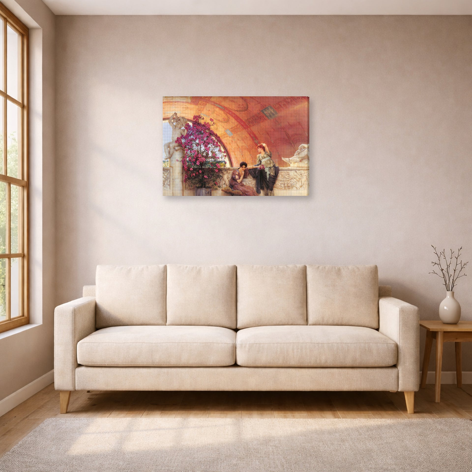 Gallery-wrapped canvas print of Sir Lawrence Alma-Tadema's Unconscious Rivals displayed on a wall in a living room