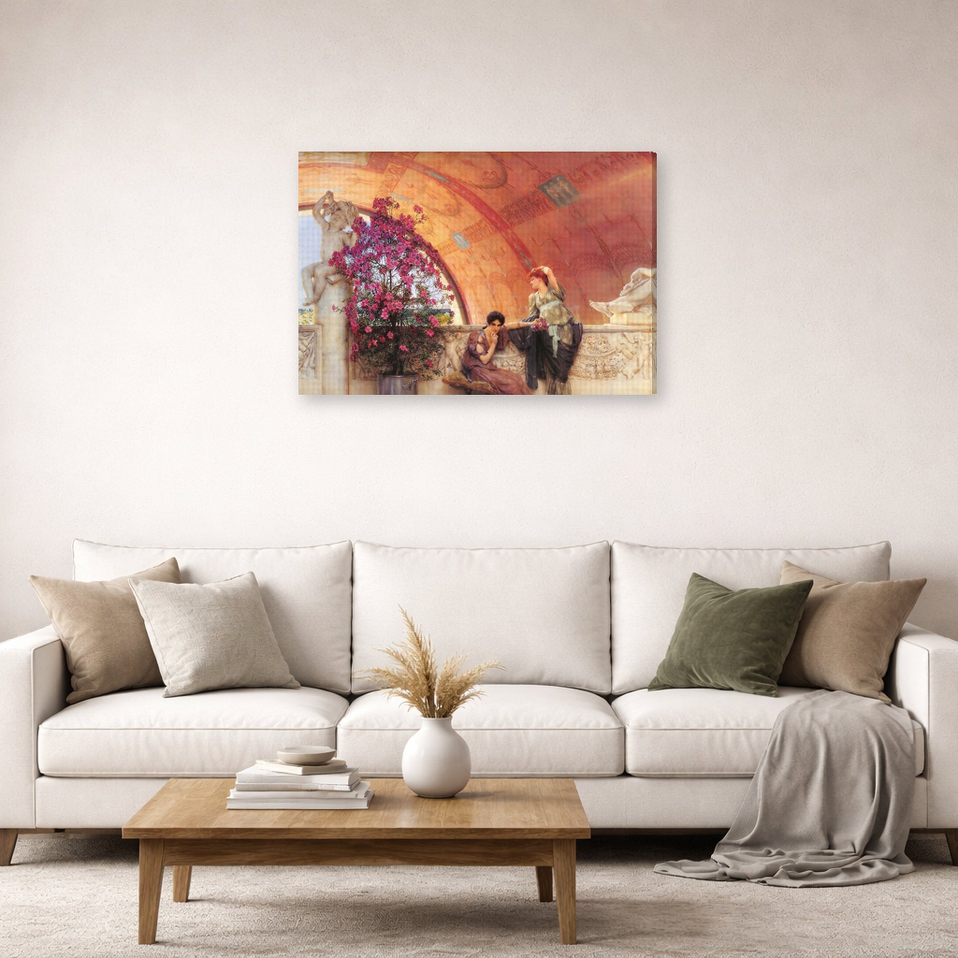 Gallery-wrapped canvas print of Sir Lawrence Alma-Tadema's Unconscious Rivals displayed on a wall in a living room