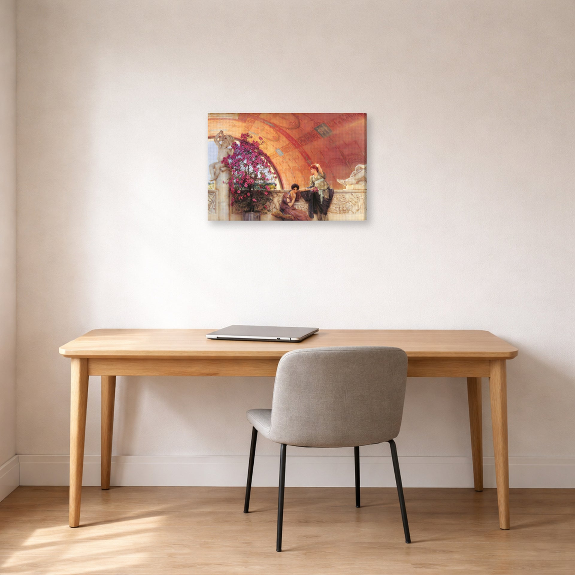 Gallery-wrapped canvas print of Sir Lawrence Alma-Tadema's Unconscious Rivals displayed on a wall in a office