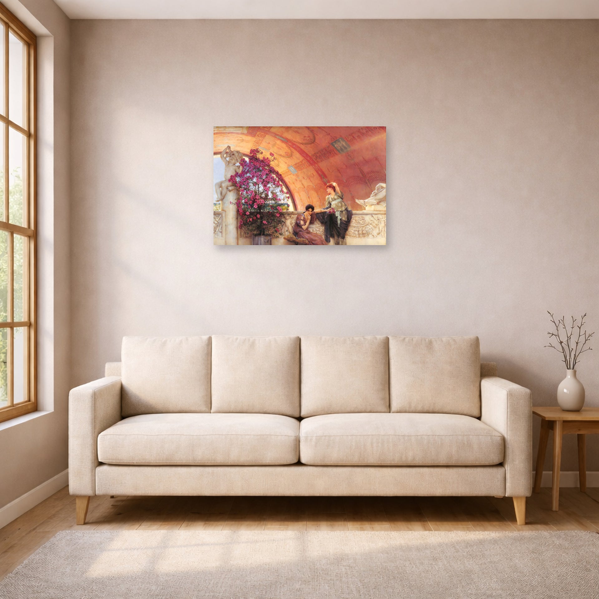 Unframed poster print of Sir Lawrence Alma-Tadema's Unconscious Rivals displayed on a wall in a living room
