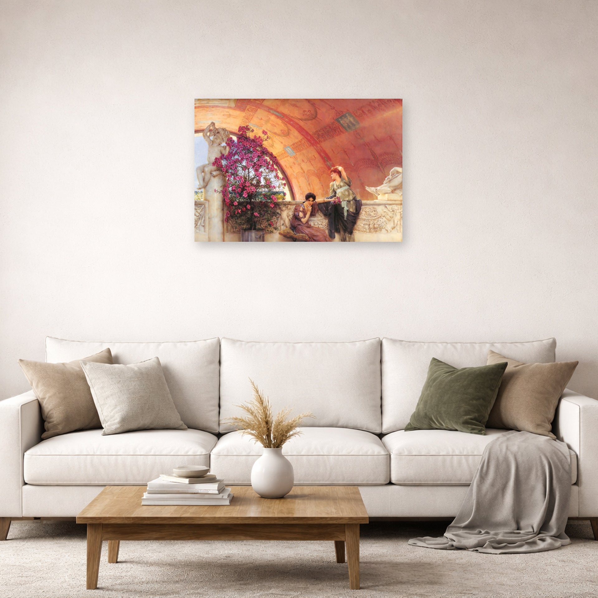 Unframed poster print of Sir Lawrence Alma-Tadema's Unconscious Rivals displayed on a wall in a living room