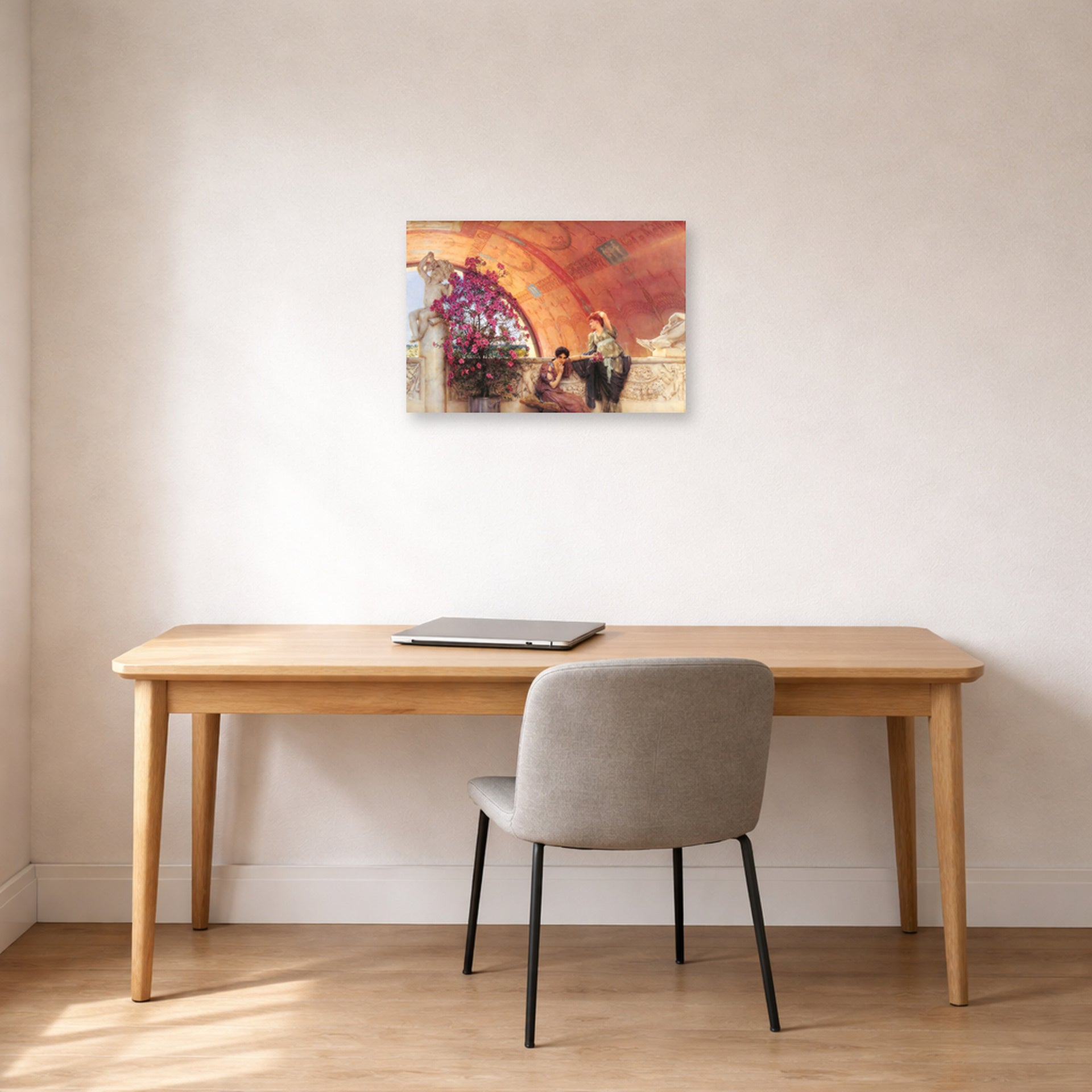 Unframed poster print of Sir Lawrence Alma-Tadema's Unconscious Rivals displayed on a wall in a office