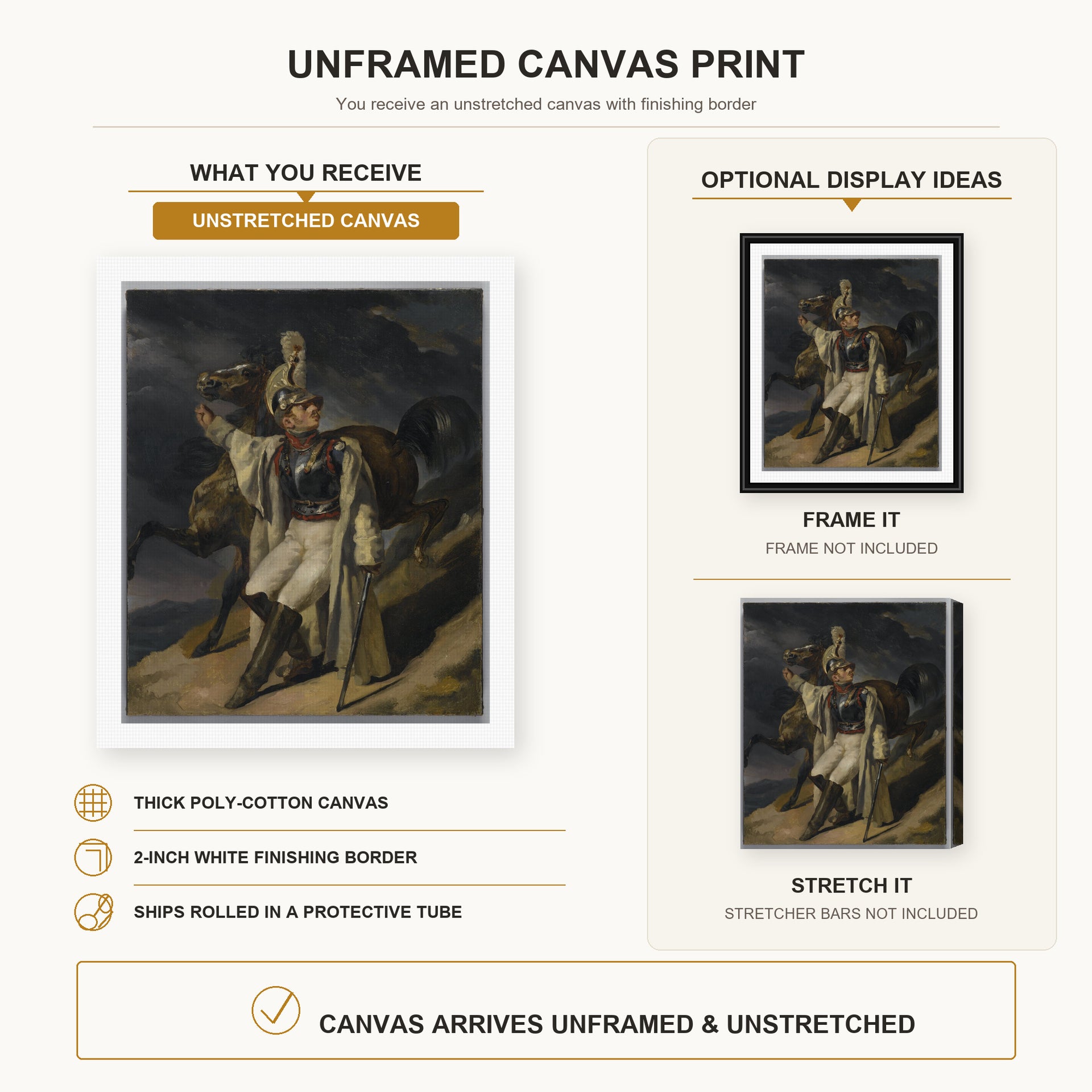 Theodore Gericault - The Wounded Cuirassier - canvas print combined product and display infographic frame and bars not included