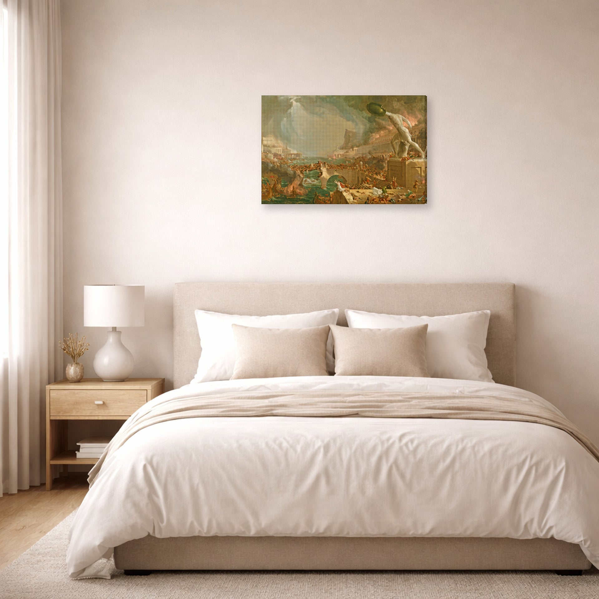 Gallery-wrapped canvas print of Thomas Cole's Course Of Empire Destruction displayed on a wall in a bedroom