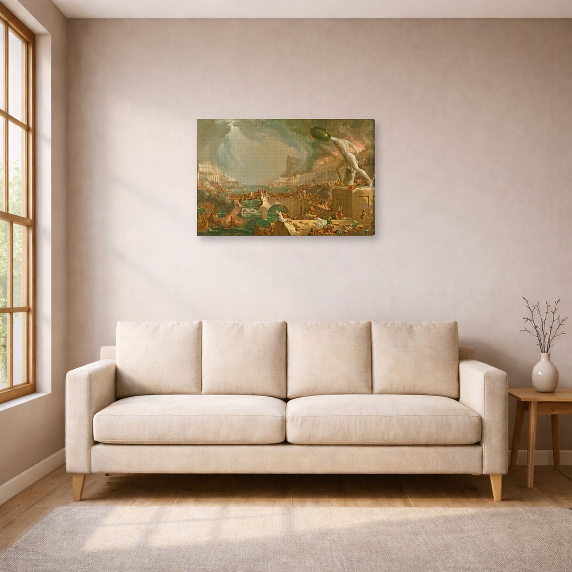Gallery-wrapped canvas print of Thomas Cole's Course Of Empire Destruction displayed on a wall in a living room