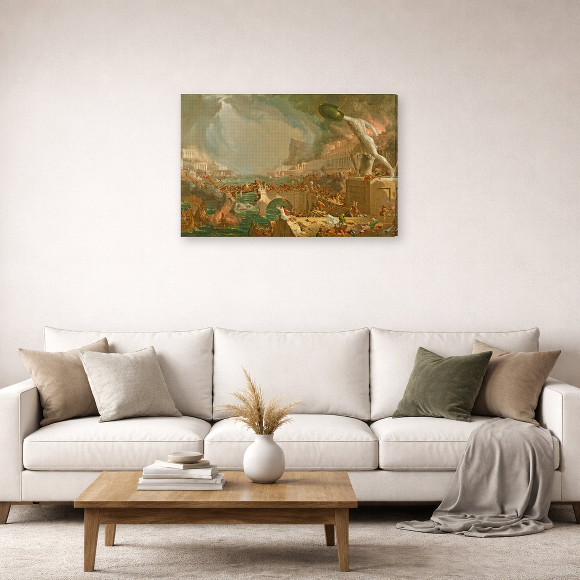 Gallery-wrapped canvas print of Thomas Cole's Course Of Empire Destruction displayed on a wall in a living room