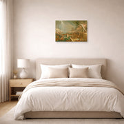 Unframed poster print of Thomas Cole's Course Of Empire Destruction displayed on a wall in a bedroom