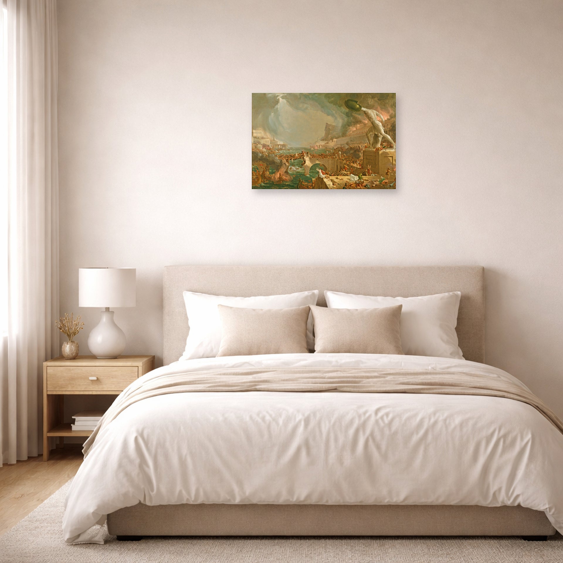 Unframed poster print of Thomas Cole's Course Of Empire Destruction displayed on a wall in a bedroom