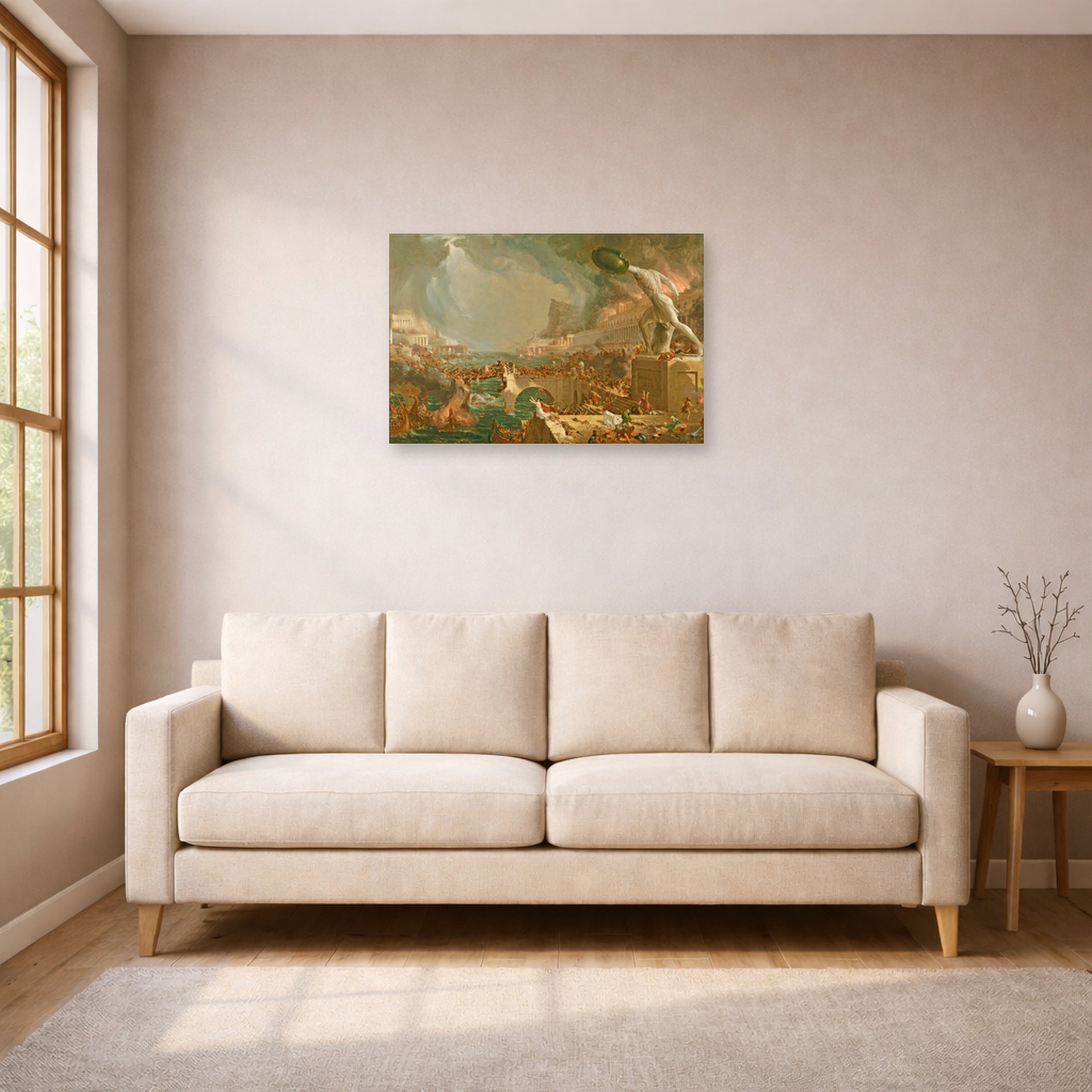 Unframed poster print of Thomas Cole's Course Of Empire Destruction displayed on a wall in a living room