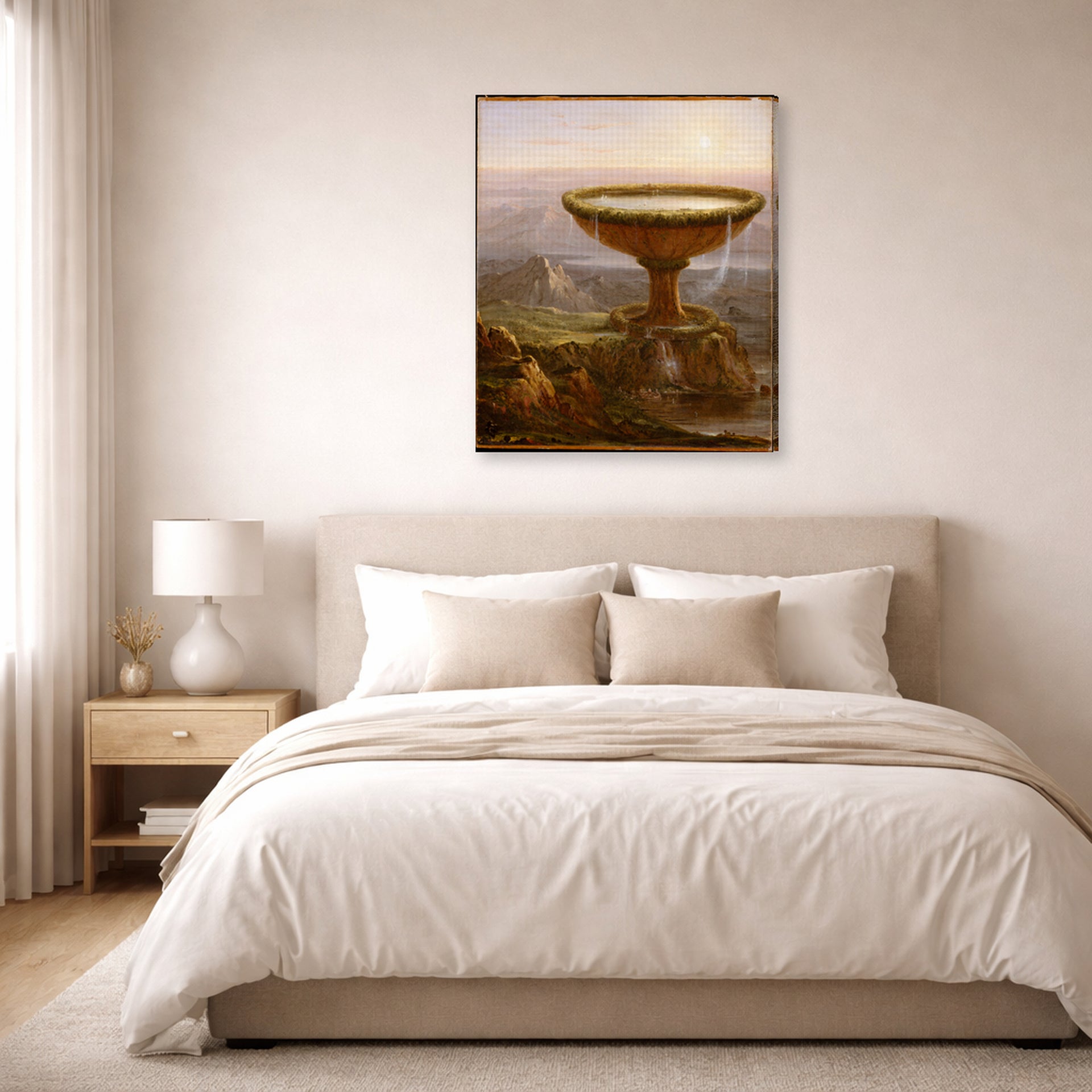 Gallery-wrapped canvas print of Thomas Cole's Der Pokal des Riesen displayed on a wall in a bedroom