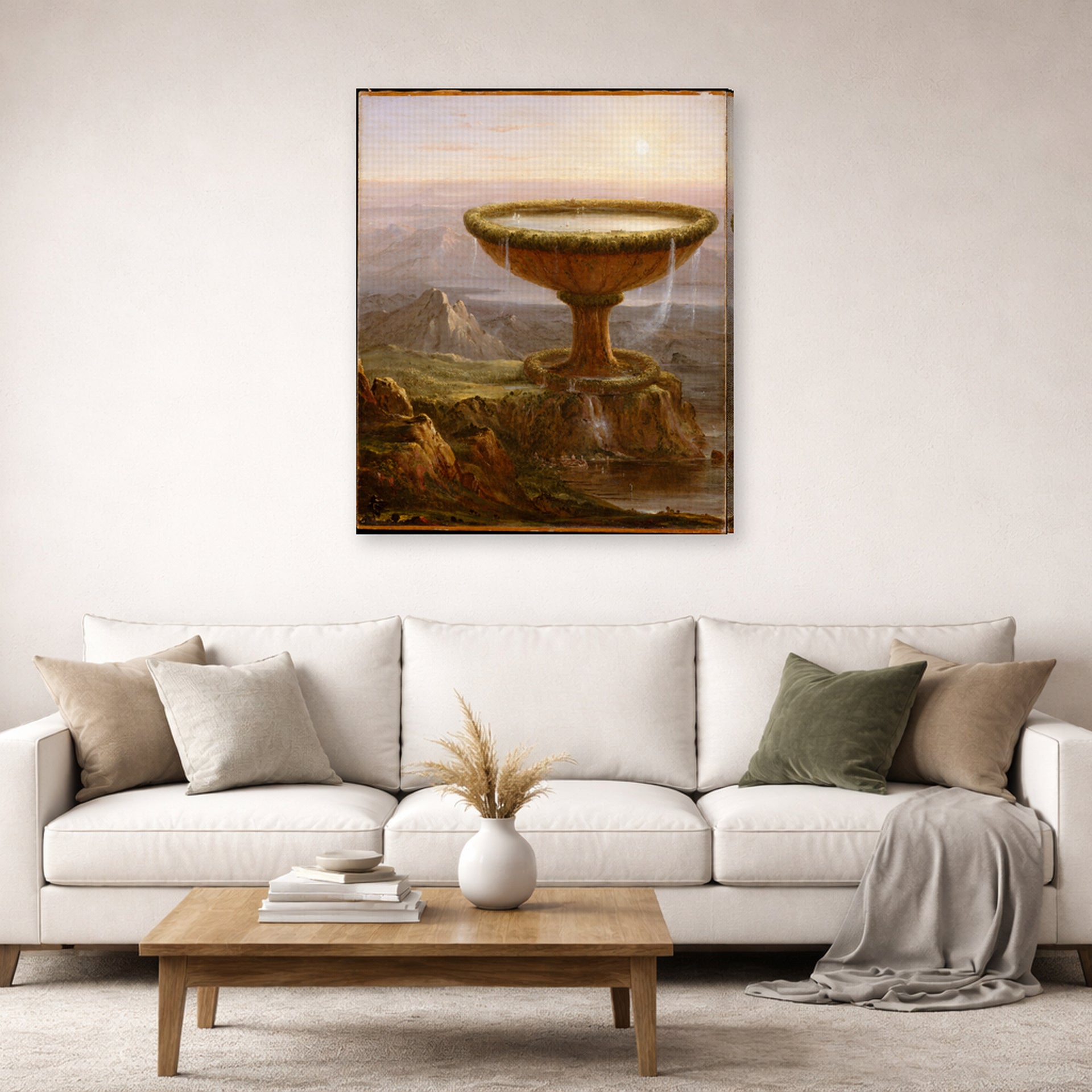 Gallery-wrapped canvas print of Thomas Cole's Der Pokal des Riesen displayed on a wall in a living room