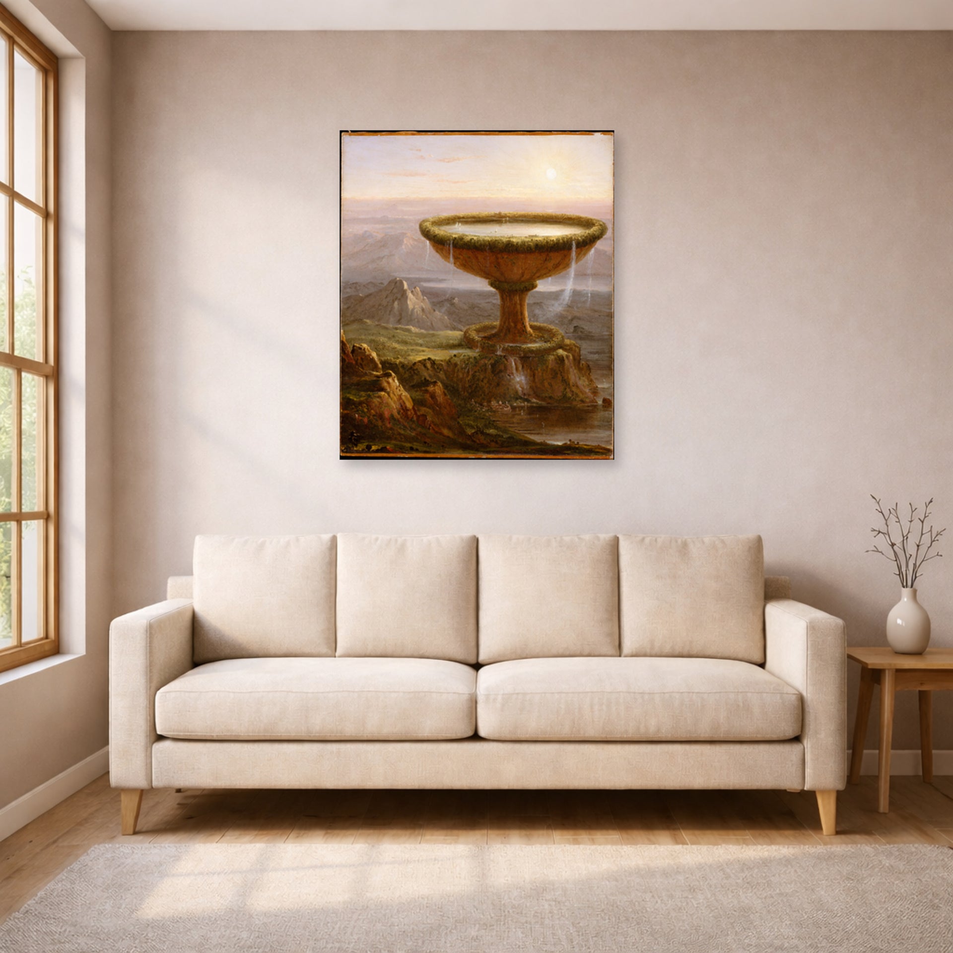 Unframed poster print of Thomas Cole's Der Pokal des Riesen displayed on a wall in a living room