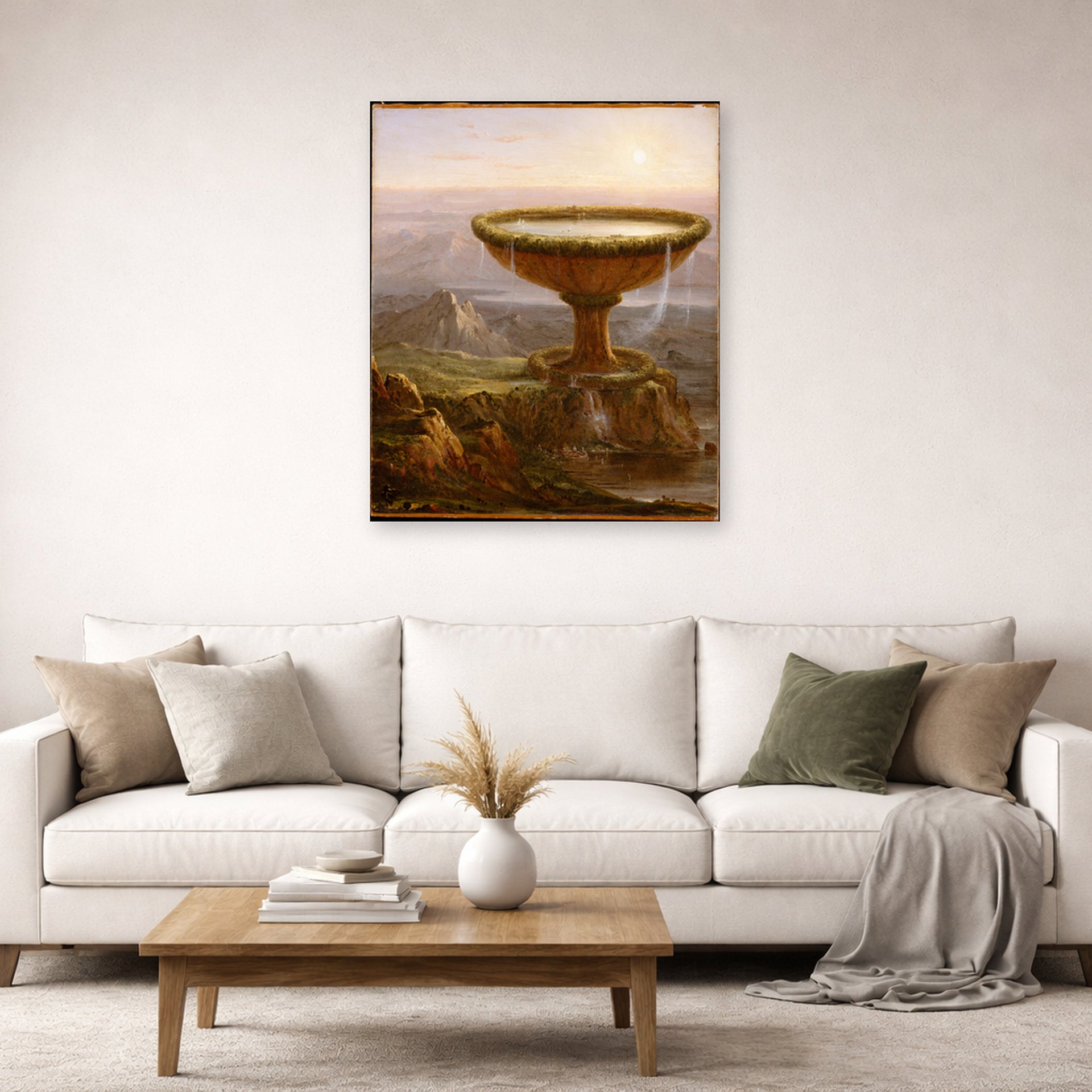 Unframed poster print of Thomas Cole's Der Pokal des Riesen displayed on a wall in a living room