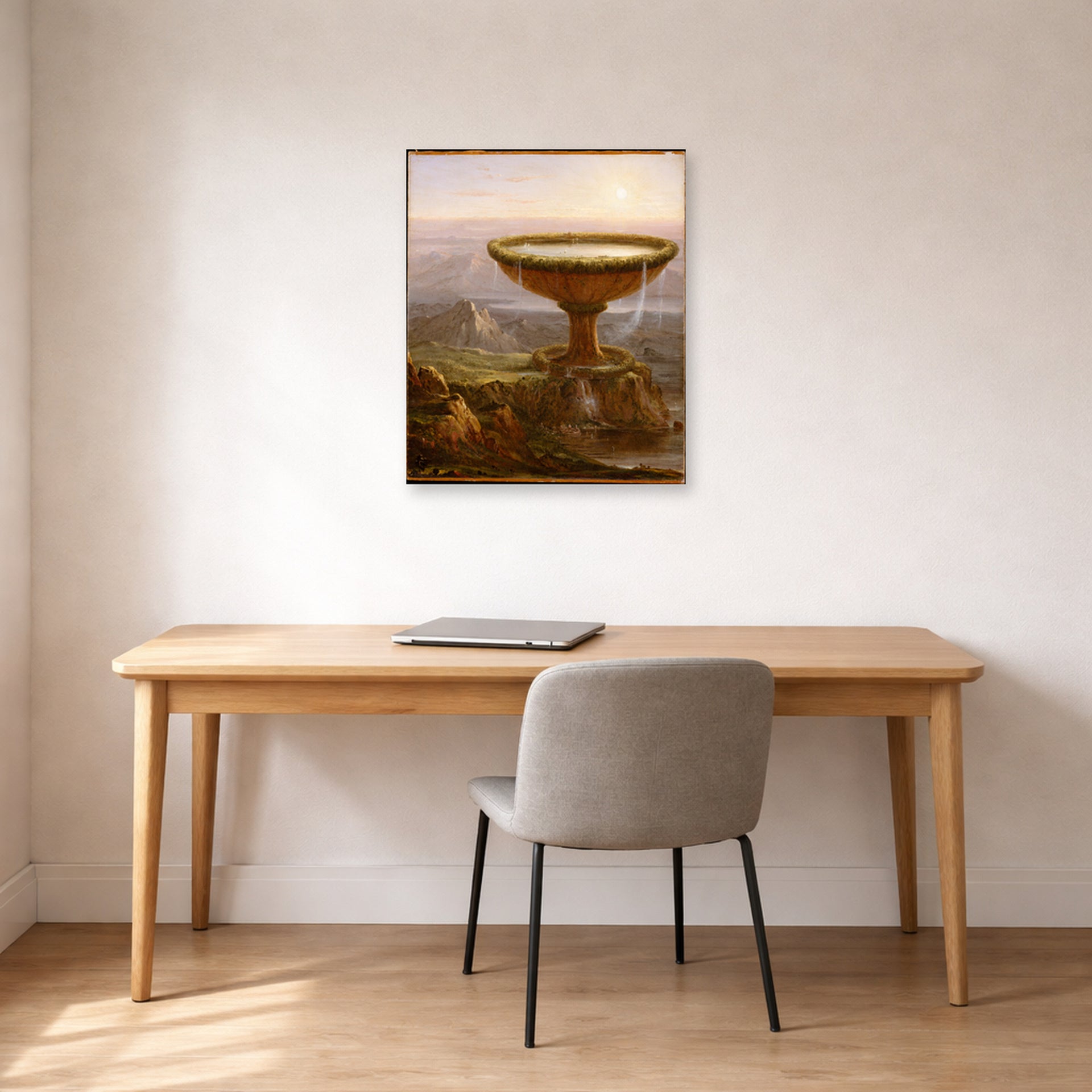 Unframed poster print of Thomas Cole's Der Pokal des Riesen displayed on a wall in a office
