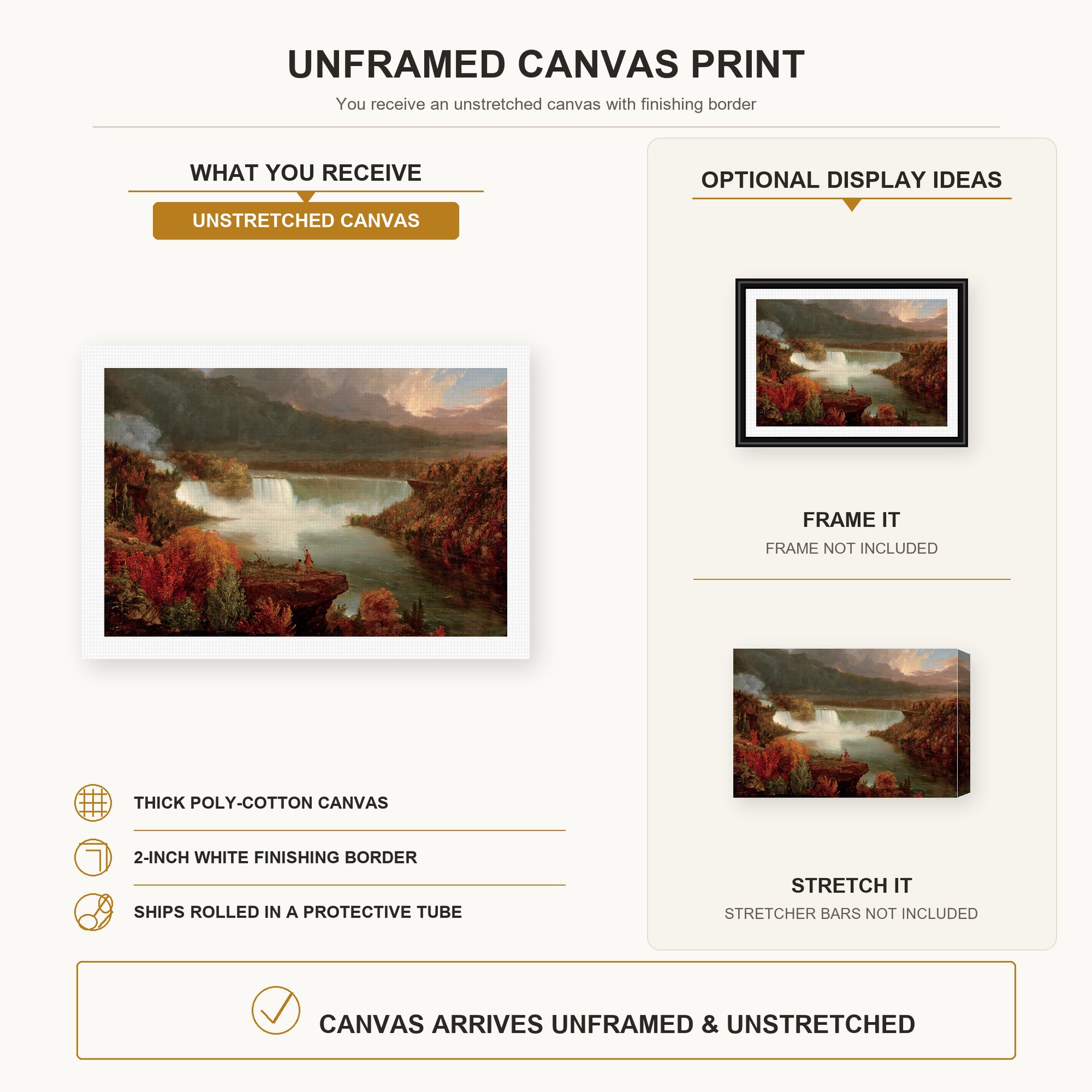 Thomas Cole - Distant View of Niagara Falls canvas print size comparison and framing display infographic