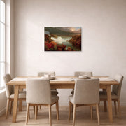 Gallery-wrapped canvas print of Thomas Cole's Distant View of Niagara Falls displayed on a wall in a dining room