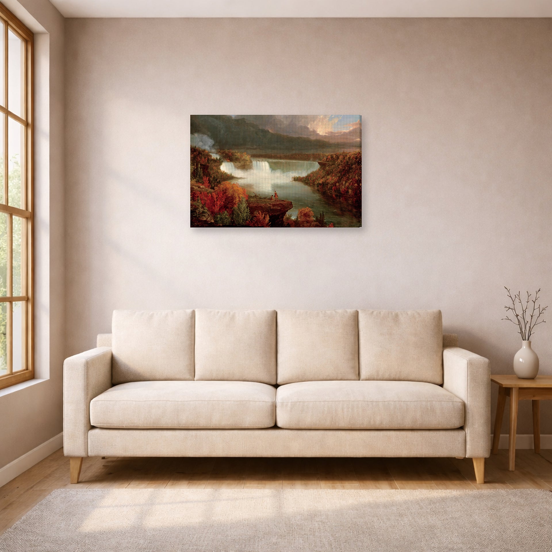 Gallery-wrapped canvas print of Thomas Cole's Distant View of Niagara Falls displayed on a wall in a living room