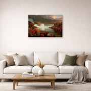 Gallery-wrapped canvas print of Thomas Cole's Distant View of Niagara Falls displayed on a wall in a living room