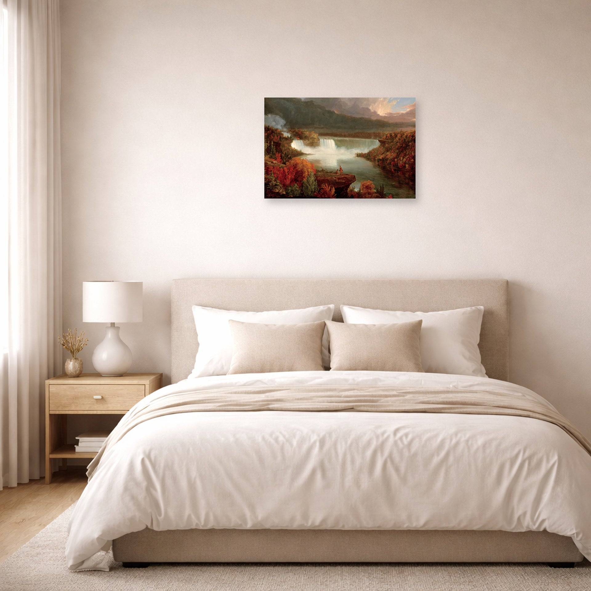 Unframed poster print of Thomas Cole's Distant View of Niagara Falls displayed on a wall in a bedroom