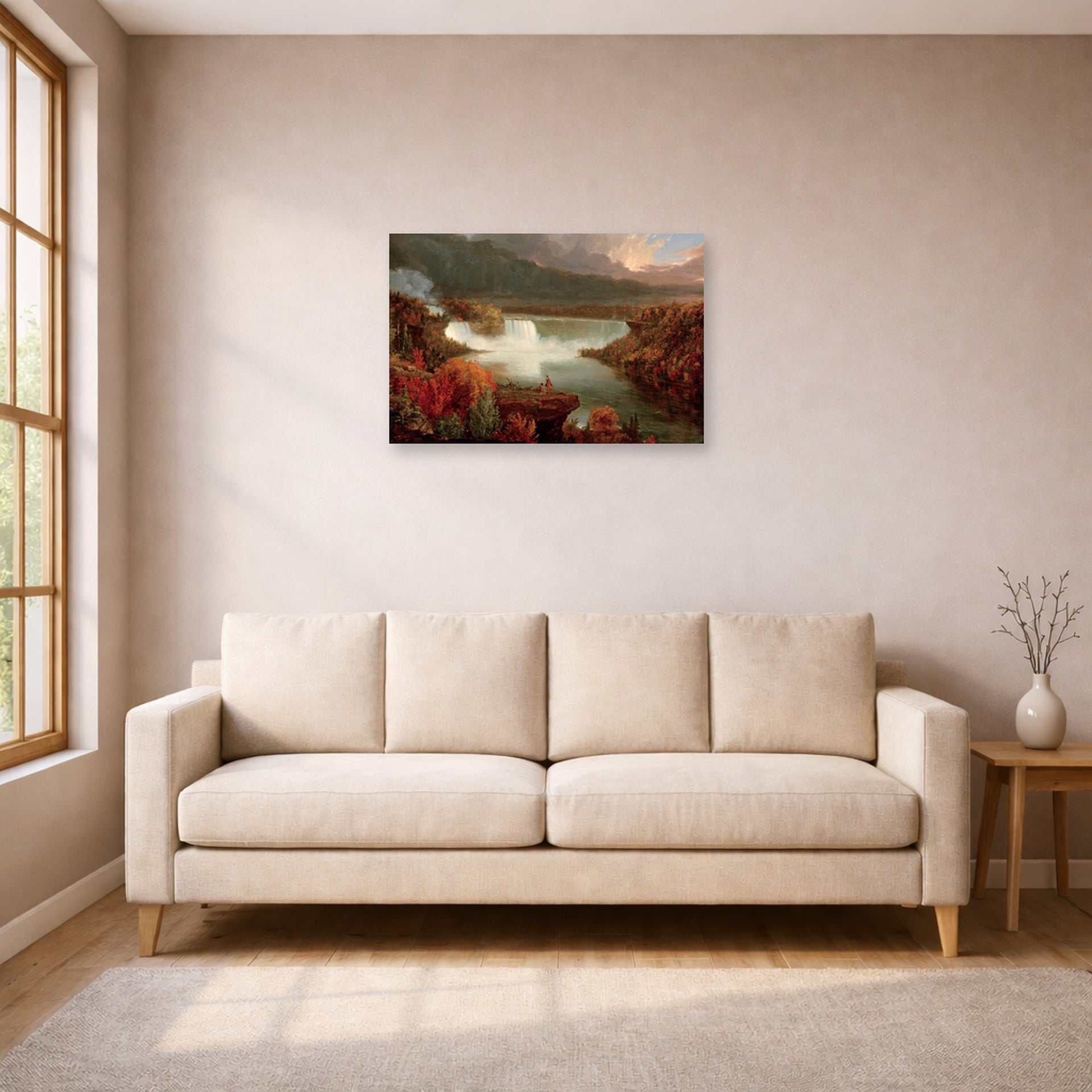 Unframed poster print of Thomas Cole's Distant View of Niagara Falls displayed on a wall in a living room