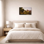 Gallery-wrapped canvas print of Thomas Cole's Dream of Arcadia displayed on a wall in a bedroom