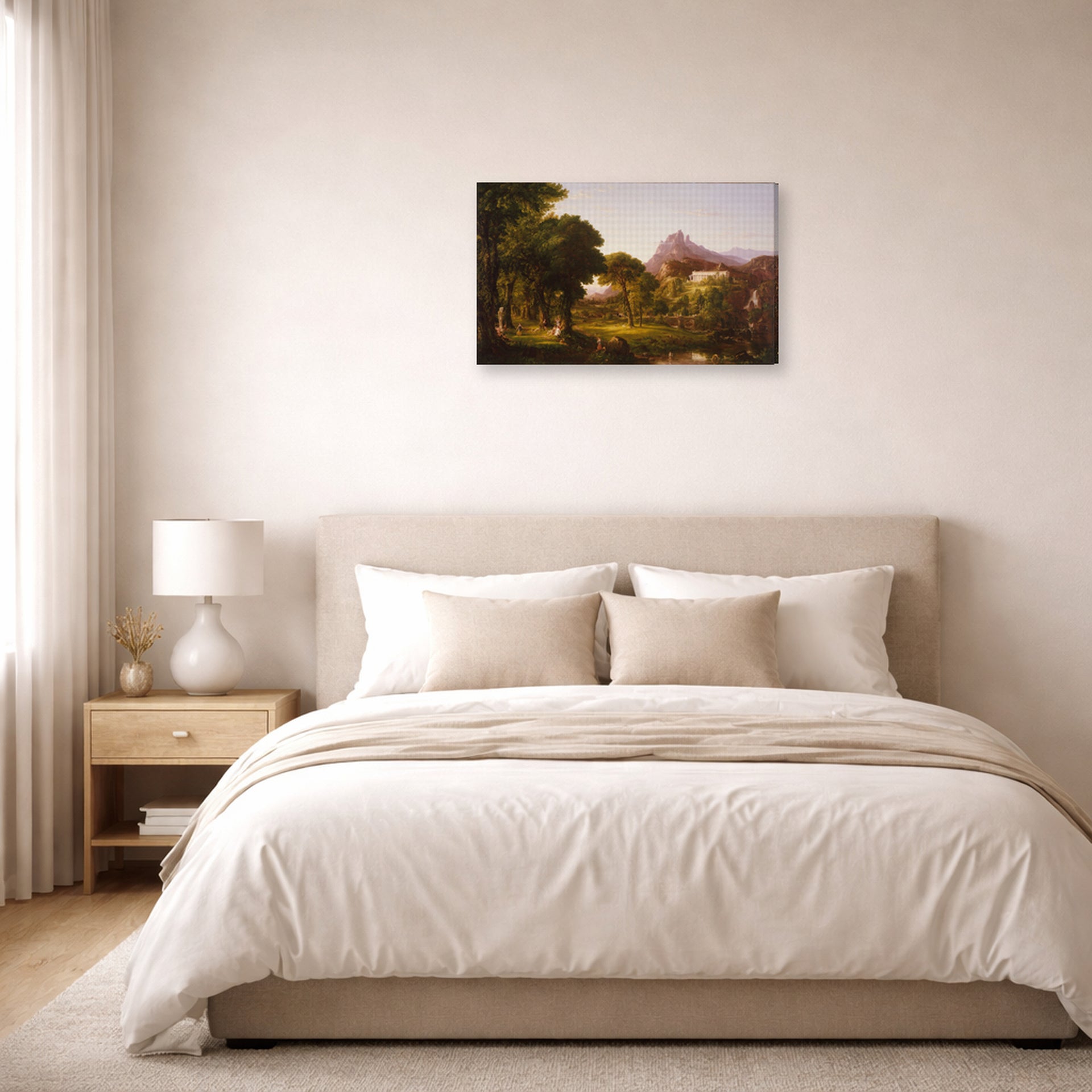 Gallery-wrapped canvas print of Thomas Cole's Dream of Arcadia displayed on a wall in a bedroom