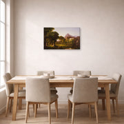 Gallery-wrapped canvas print of Thomas Cole's Dream of Arcadia displayed on a wall in a dining room