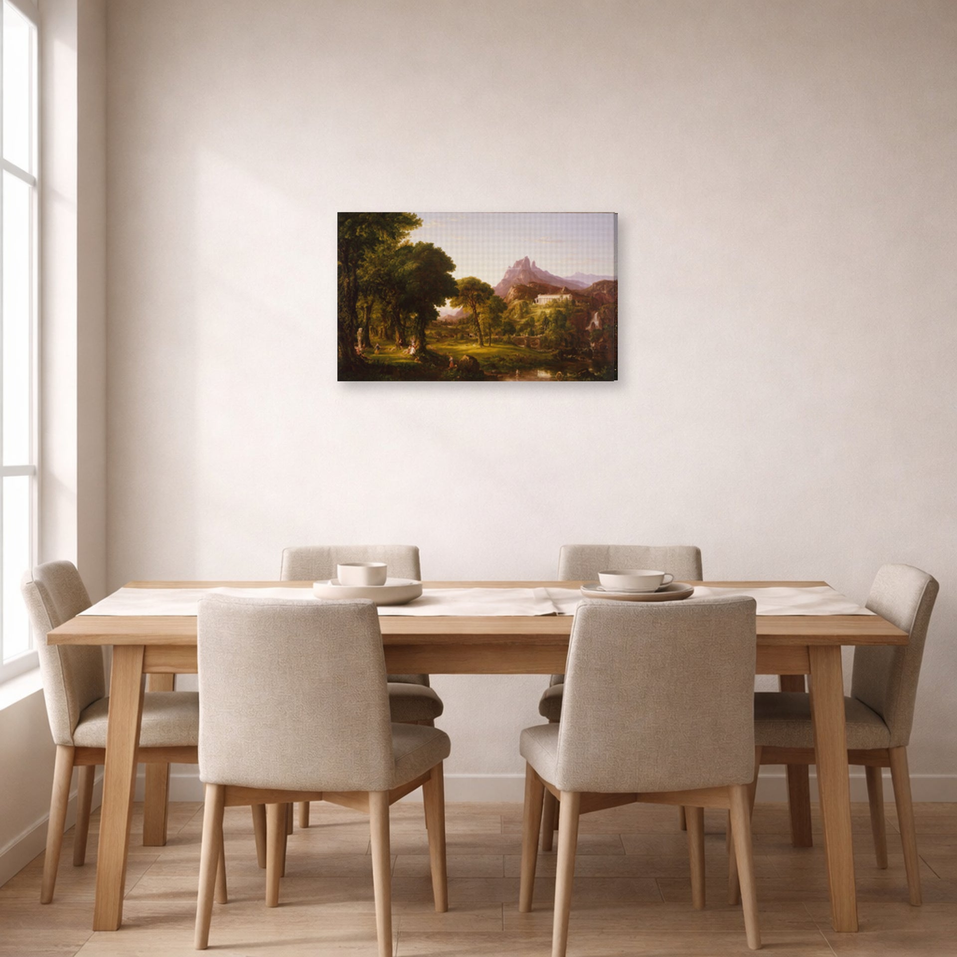 Gallery-wrapped canvas print of Thomas Cole's Dream of Arcadia displayed on a wall in a dining room