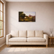 Gallery-wrapped canvas print of Thomas Cole's Dream of Arcadia displayed on a wall in a living room