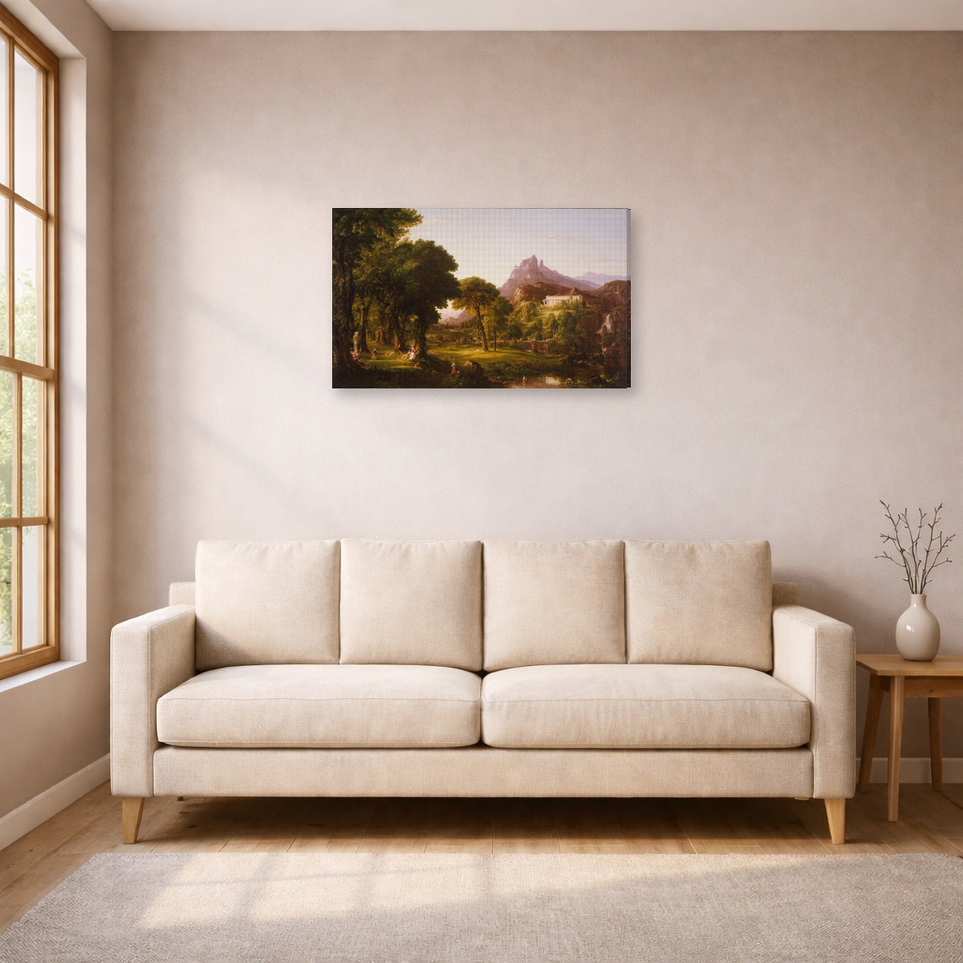 Gallery-wrapped canvas print of Thomas Cole's Dream of Arcadia displayed on a wall in a living room