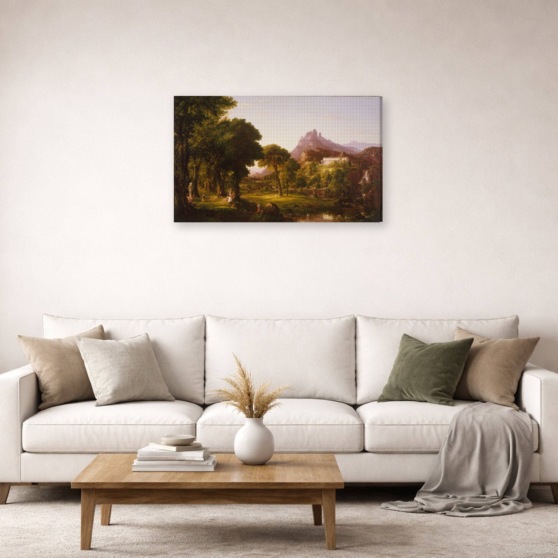 Gallery-wrapped canvas print of Thomas Cole's Dream of Arcadia displayed on a wall in a living room