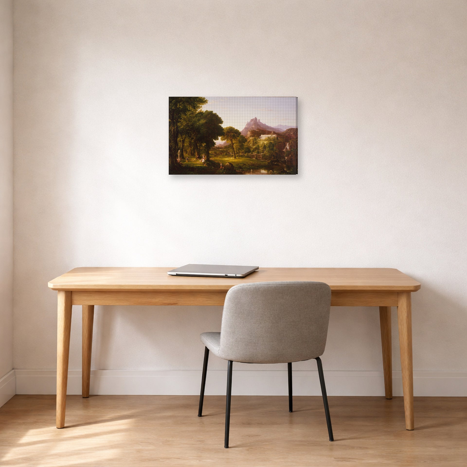 Gallery-wrapped canvas print of Thomas Cole's Dream of Arcadia displayed on a wall in a office