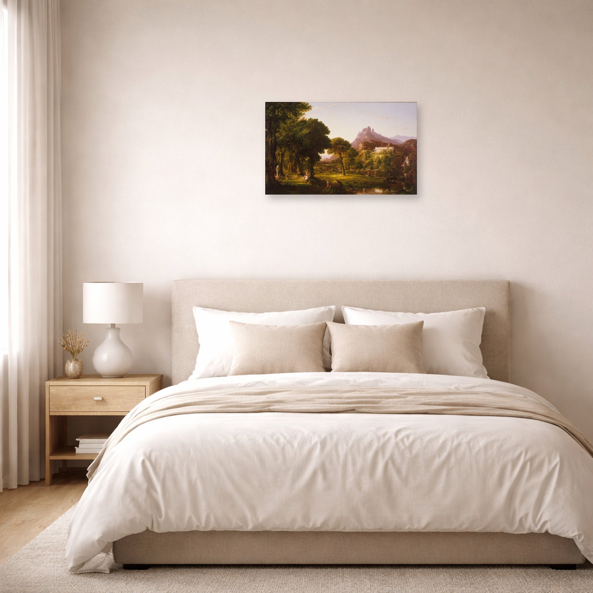 Unframed poster print of Thomas Cole's Dream of Arcadia displayed on a wall in a bedroom