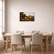 Unframed poster print of Thomas Cole's Dream of Arcadia displayed on a wall in a dining room