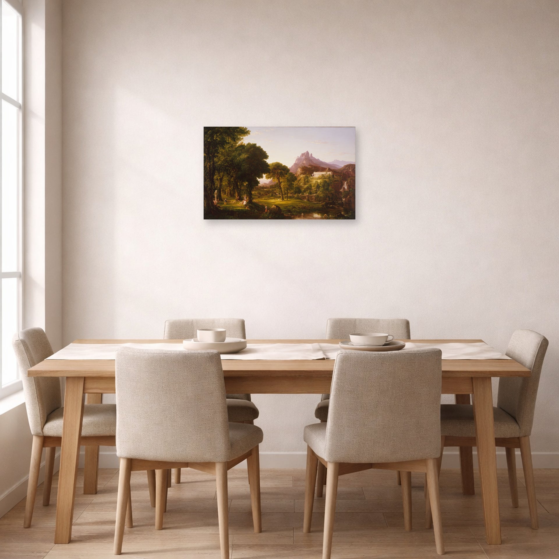 Unframed poster print of Thomas Cole's Dream of Arcadia displayed on a wall in a dining room