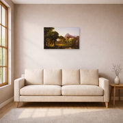 Unframed poster print of Thomas Cole's Dream of Arcadia displayed on a wall in a living room