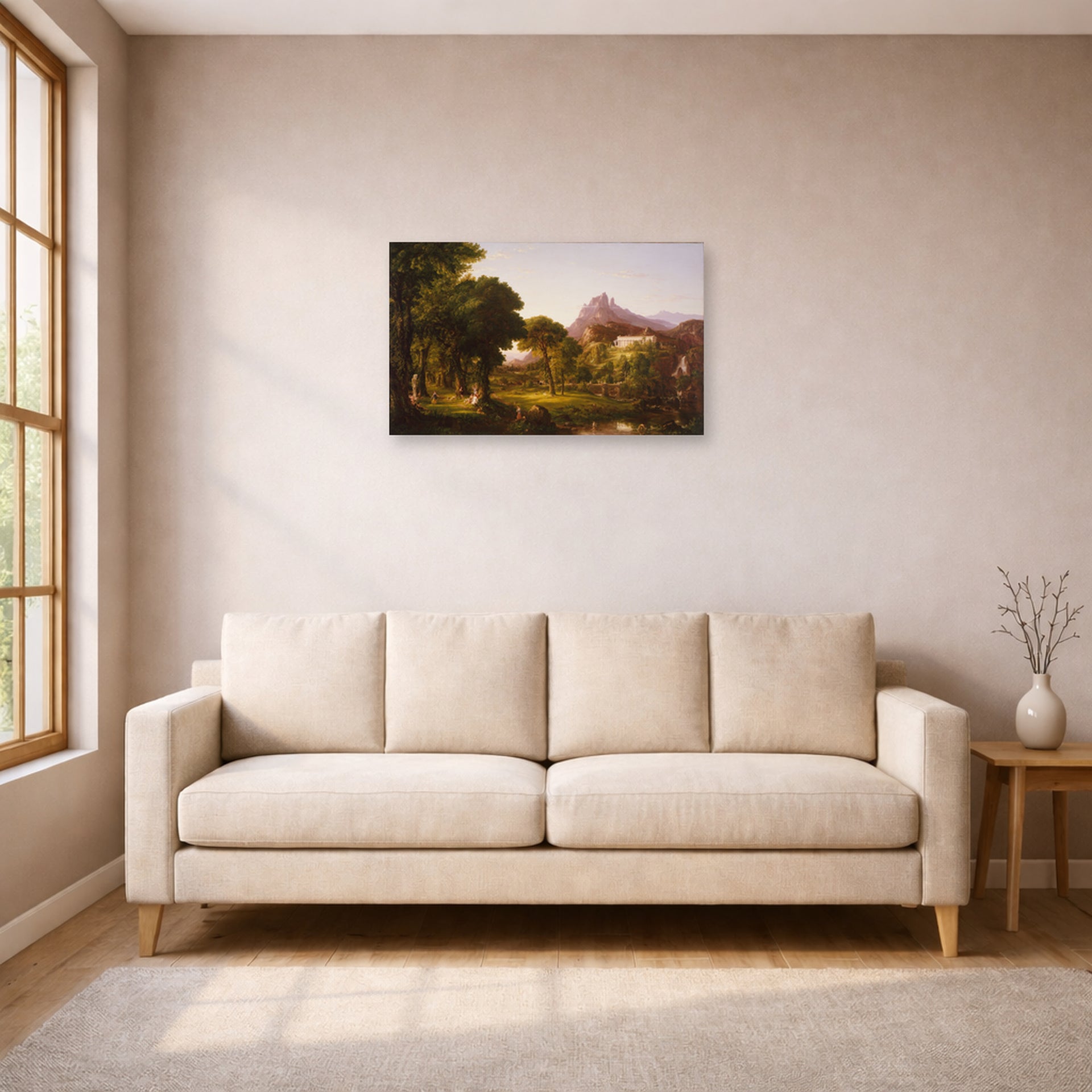 Unframed poster print of Thomas Cole's Dream of Arcadia displayed on a wall in a living room