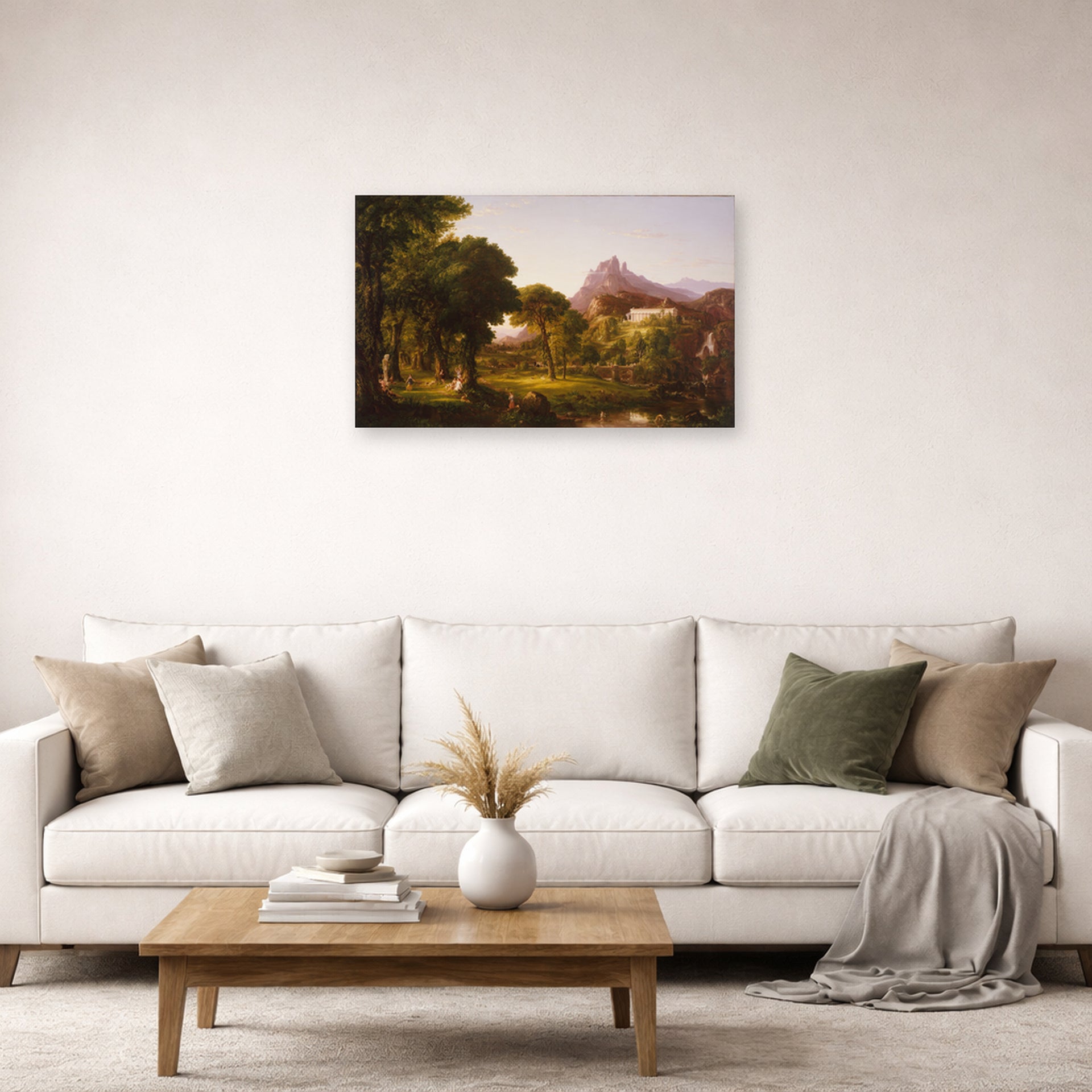 Unframed poster print of Thomas Cole's Dream of Arcadia displayed on a wall in a living room