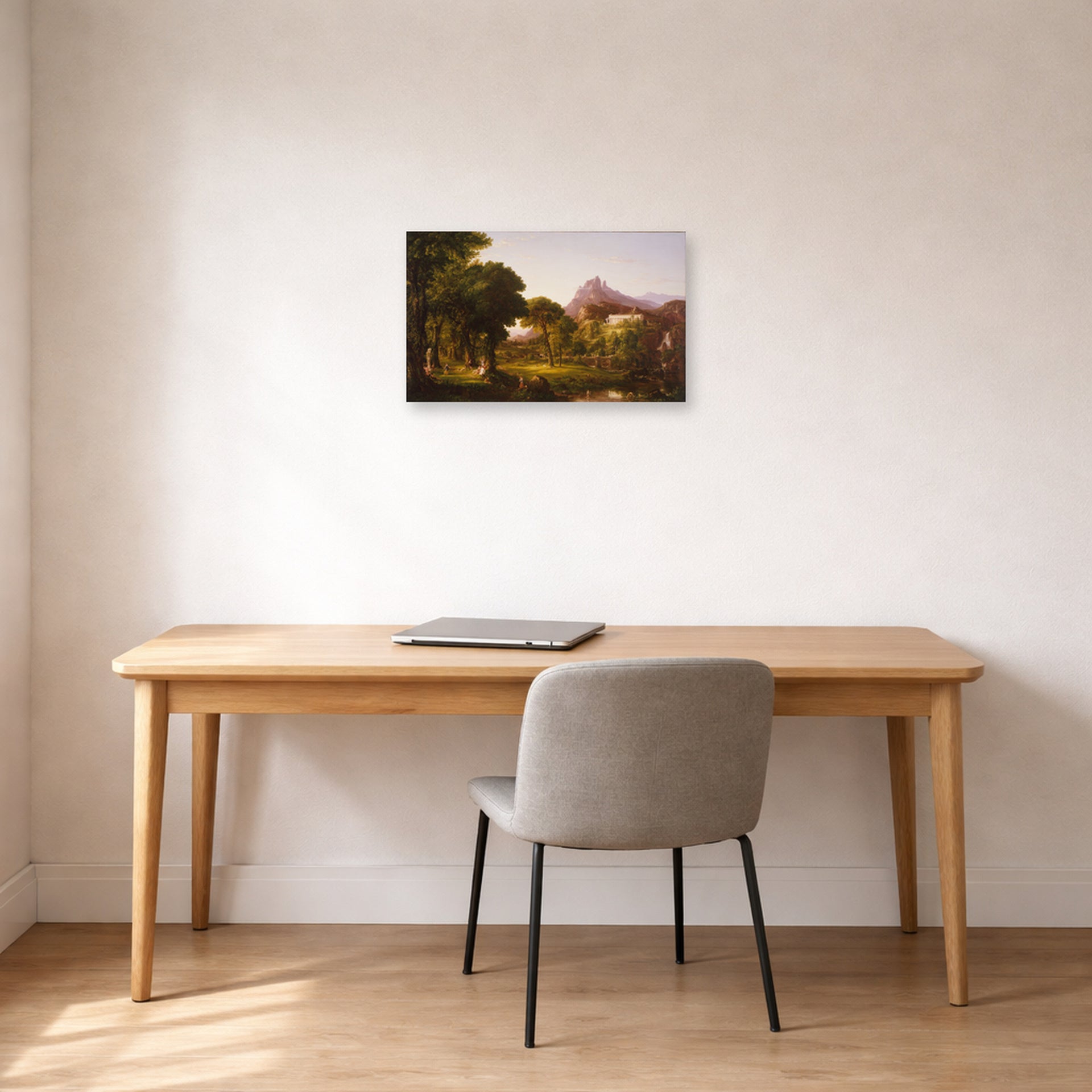 Unframed poster print of Thomas Cole's Dream of Arcadia displayed on a wall in a office