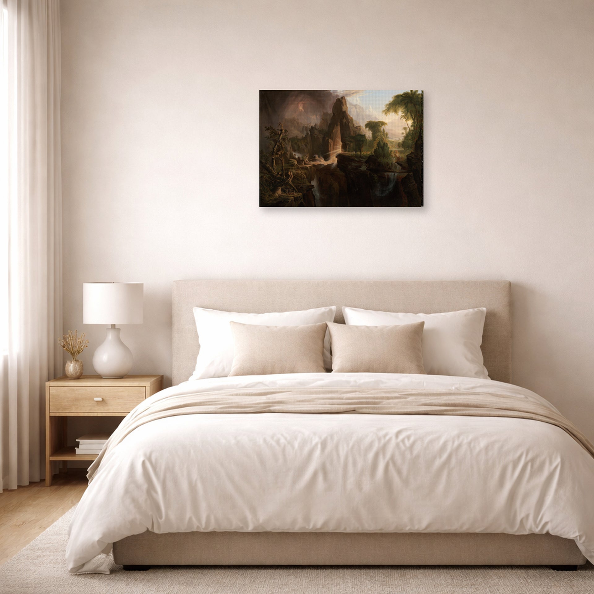Gallery-wrapped canvas print of Thomas Cole's Expulsion from the Garden of Eden displayed on a wall in a bedroom