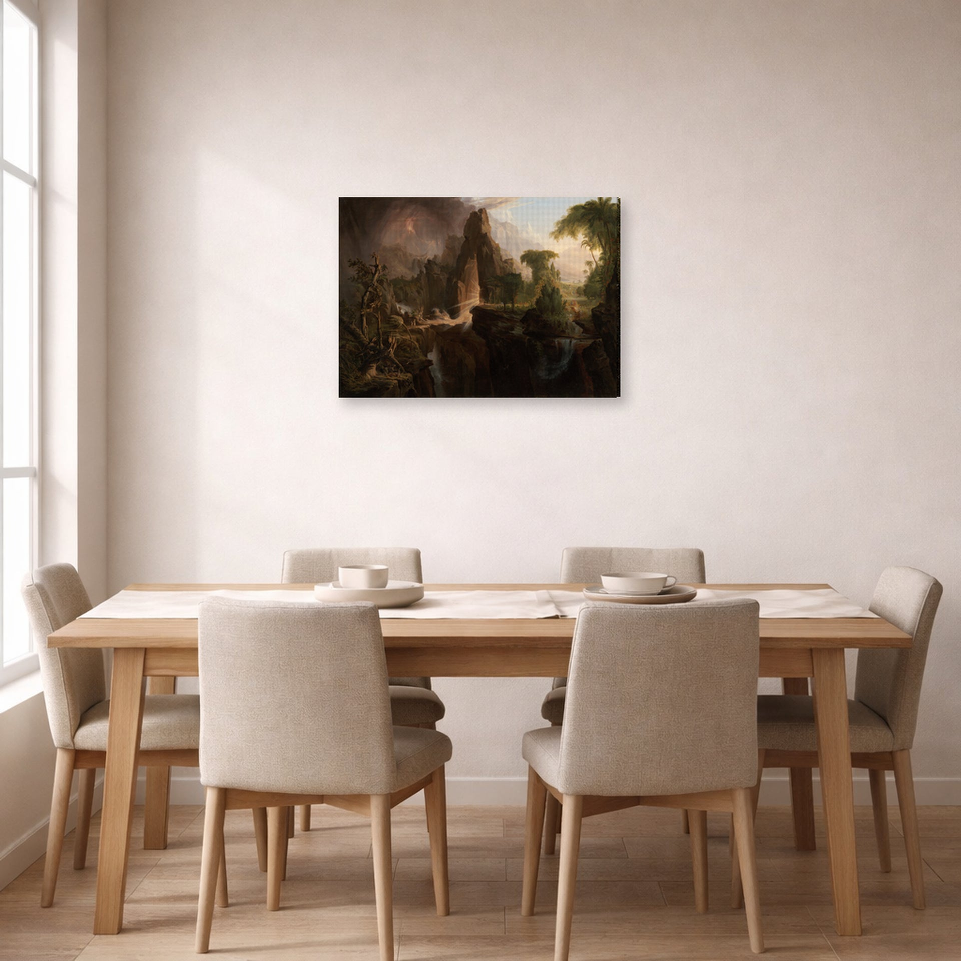 Gallery-wrapped canvas print of Thomas Cole's Expulsion from the Garden of Eden displayed on a wall in a dining room