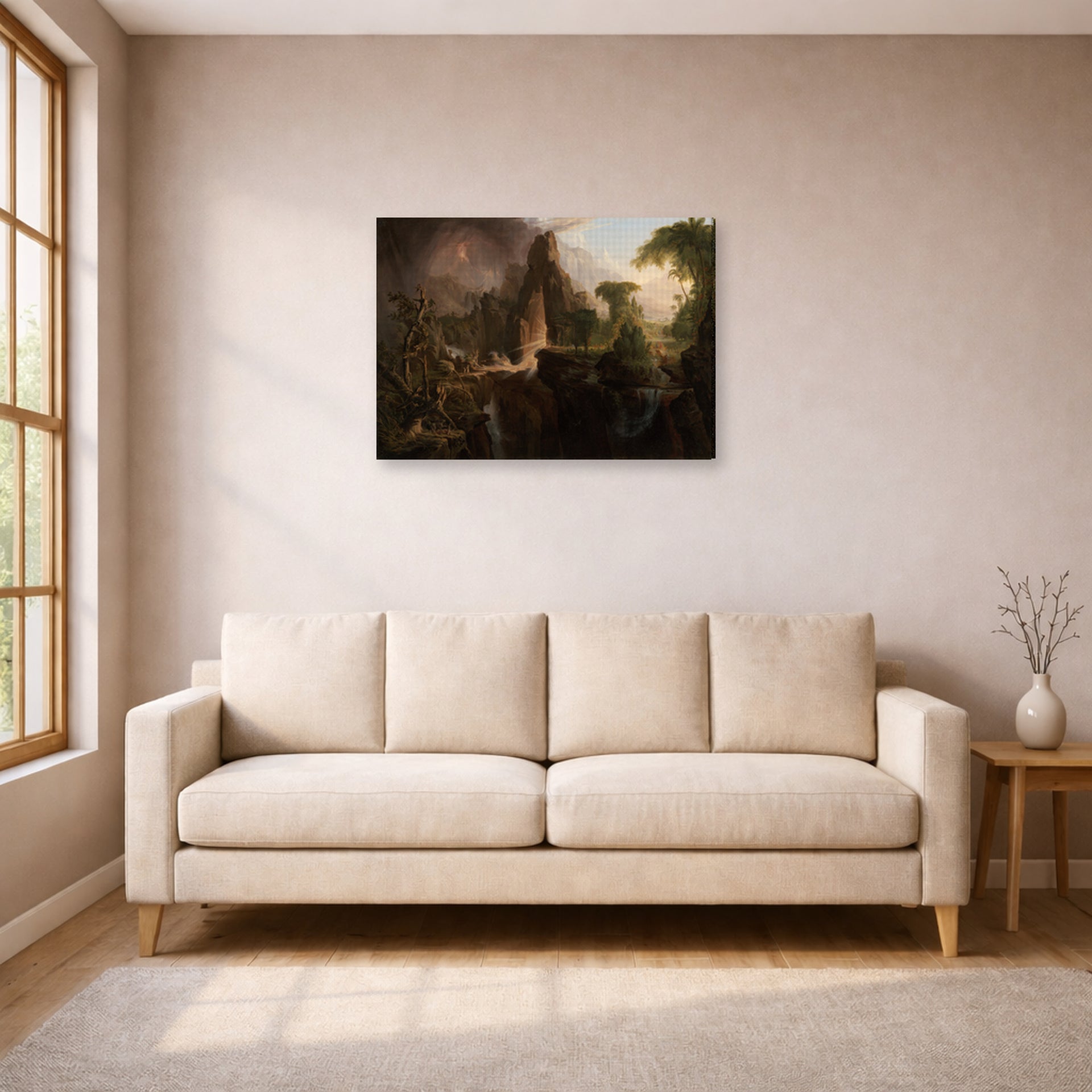 Gallery-wrapped canvas print of Thomas Cole's Expulsion from the Garden of Eden displayed on a wall in a living room