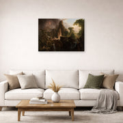 Gallery-wrapped canvas print of Thomas Cole's Expulsion from the Garden of Eden displayed on a wall in a living room