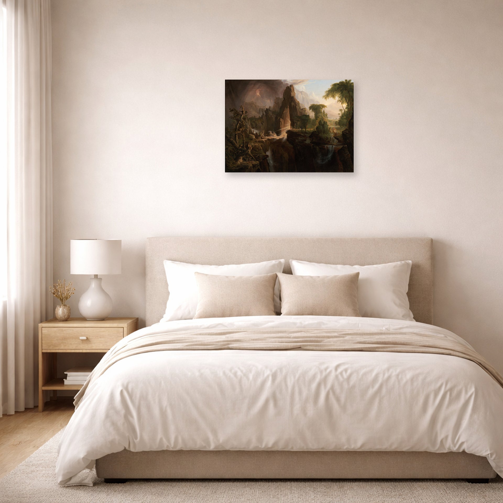 Unframed poster print of Thomas Cole's Expulsion from the Garden of Eden displayed on a wall in a bedroom