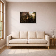Unframed poster print of Thomas Cole's Expulsion from the Garden of Eden displayed on a wall in a living room