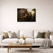 Unframed poster print of Thomas Cole's Expulsion from the Garden of Eden displayed on a wall in a living room