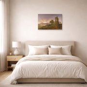 Gallery-wrapped canvas print of Thomas Cole's Gothic Ruins displayed on a wall in a bedroom